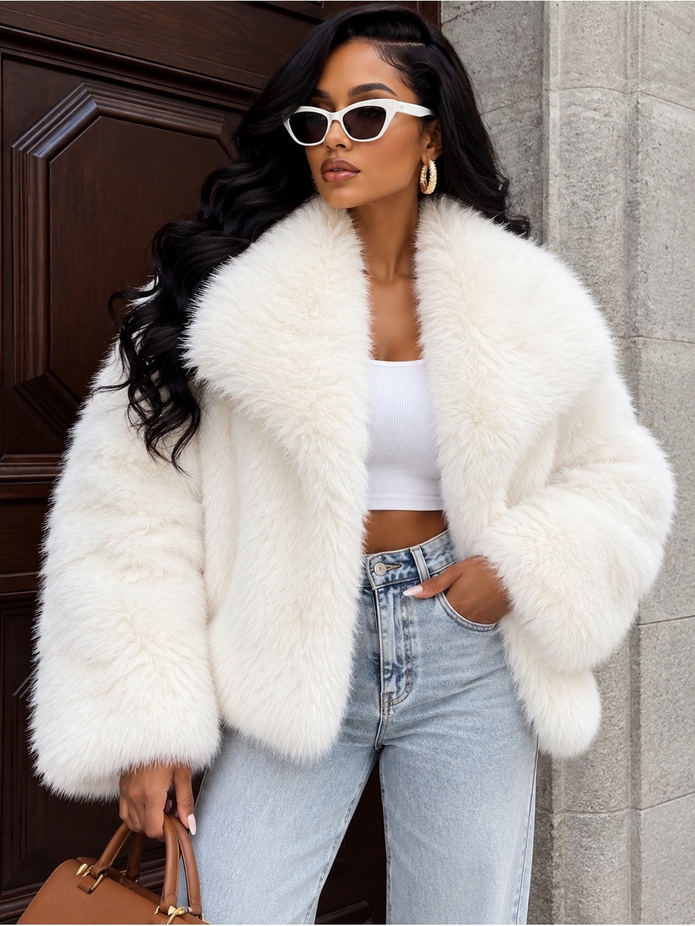 Ivory plush faux-fur jacket